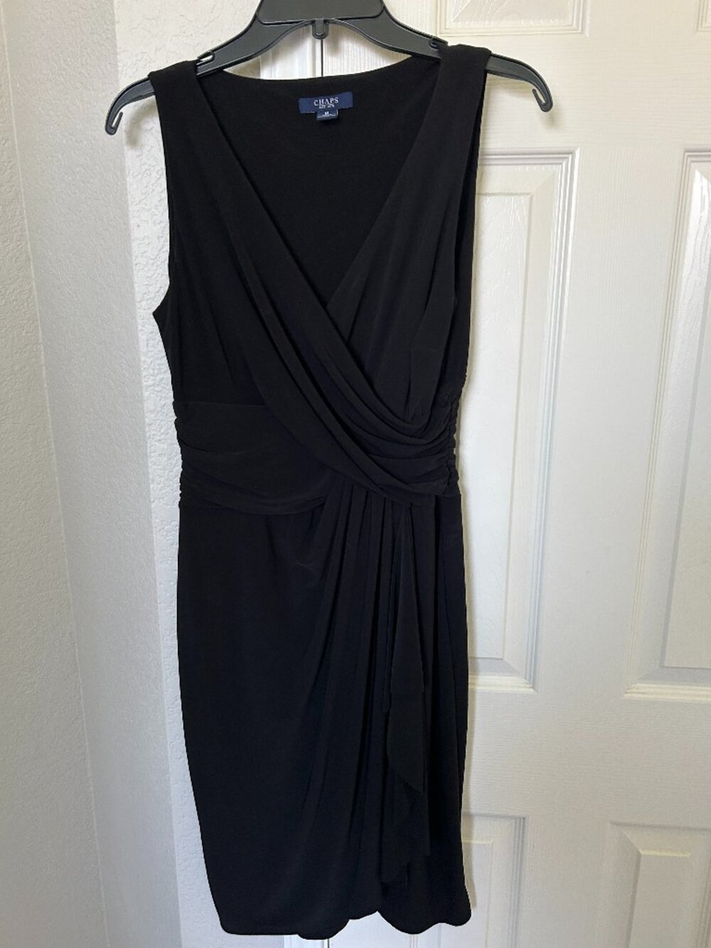 Chaps Sleeveless Stretch Formal Sheath Dress - Faux Wrap Design - Black - Medium